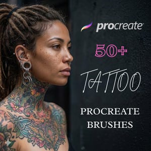 Könnte beinhalten: Eine Person mit mehreren Piercings und einem farbenfrohen floralen Tattoo auf Hals und Brust. Das Bild enthält den Text "procreate", "50+", "Tattoo" und "Procreate Brushes" auf dunklem Hintergrund.