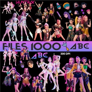 Paquete de imágenes prediseñadas de cazadores de demonios del K-pop, PNG/SVG, diseños inspirados en ídolos del K-pop, alfabeto estilo Huntrix, pegatinas, fondos de pantalla, fuentes y descarga digital.