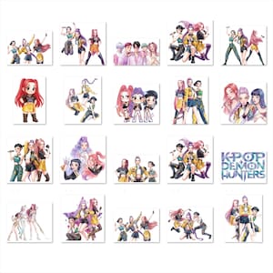 May include: A collection of twenty individual square stickers featuring illustrated K-pop style characters in various poses and outfits, including a final sticker with the text K-POP DEMON HUNTERS in a blue and purple galaxy-themed font.