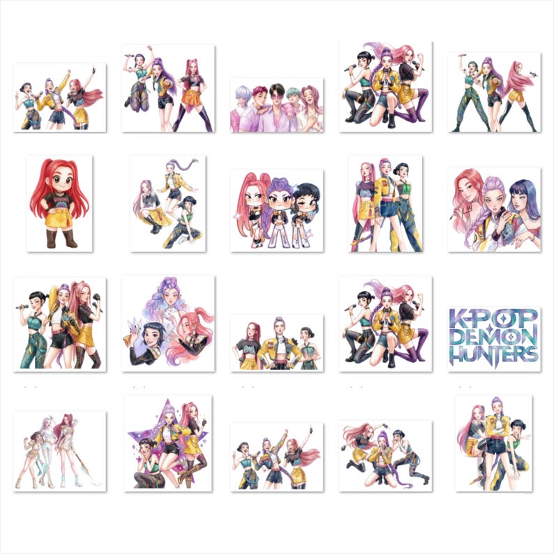 May include: A collection of twenty individual square stickers featuring illustrated K-pop style characters in various poses and outfits, including a final sticker with the text K-POP DEMON HUNTERS in a blue and purple galaxy-themed font.