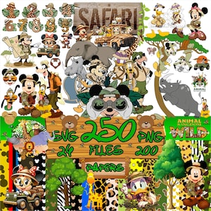 Musse Pigg Safari Djur PNG-paket, digitala papper, tårtdekorationer (digital nedladdning)