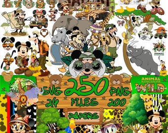 Puede incluir: Una colección de arte digital con ilustraciones temáticas de safari. La imagen incluye a Mickey Mouse, Minnie Mouse, el Pato Donald y Goofy con atuendos de safari, junto con varios animales y vehículos de safari. El texto dice "SAFARI", "ANIMAL KINGDOM WILD", "250 SVG 24 FILES 200 PAPERS".