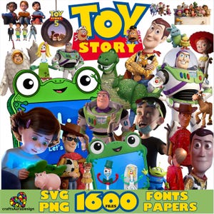 Può includere: Una collezione grafica digitale con personaggi di Toy Story tra cui Woody, Buzz Lightyear, Rex e Forky, insieme a varie illustrazioni di bambini, cornici a forma di rana verde e il logo di Toy Story con testo.
