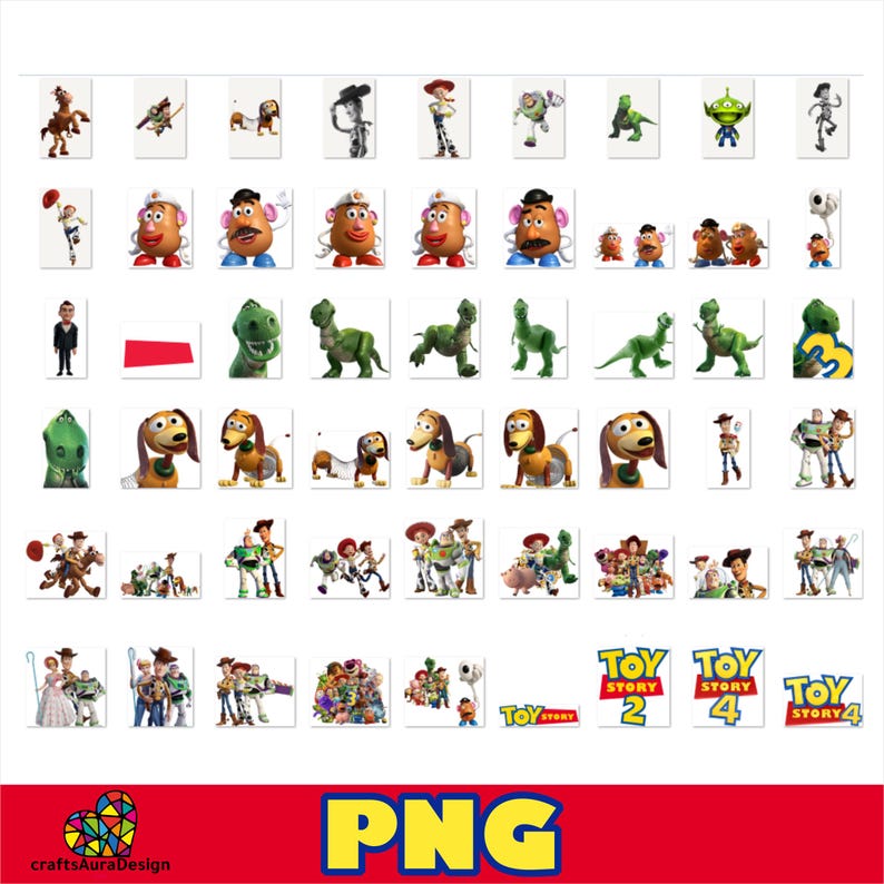 May include: A collection of digital stickers featuring various characters from the Toy Story franchise, including Woody, Buzz Lightyear, Rex, Slinky Dog, and Mr. Potato Head, alongside the Toy Story 2 and 4 logos, all arranged in a grid format.