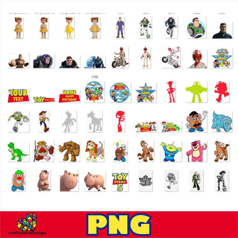 May include: A digital collection of Toy Story character illustrations, including Buzz Lightyear, Woody, Jessie, Rex, Slinky Dog, Hamm, Mr. Potato Head, and Lotso. The set features various poses, silhouettes, and birthday-themed graphic designs.