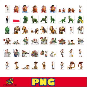 May include: A digital collection of Toy Story character illustrations featuring Woody, Buzz Lightyear, Rex, Slinky Dog, and Mr. Potato Head in various poses. The bottom banner displays the text PNG and the logo for craftsAuraDesign.