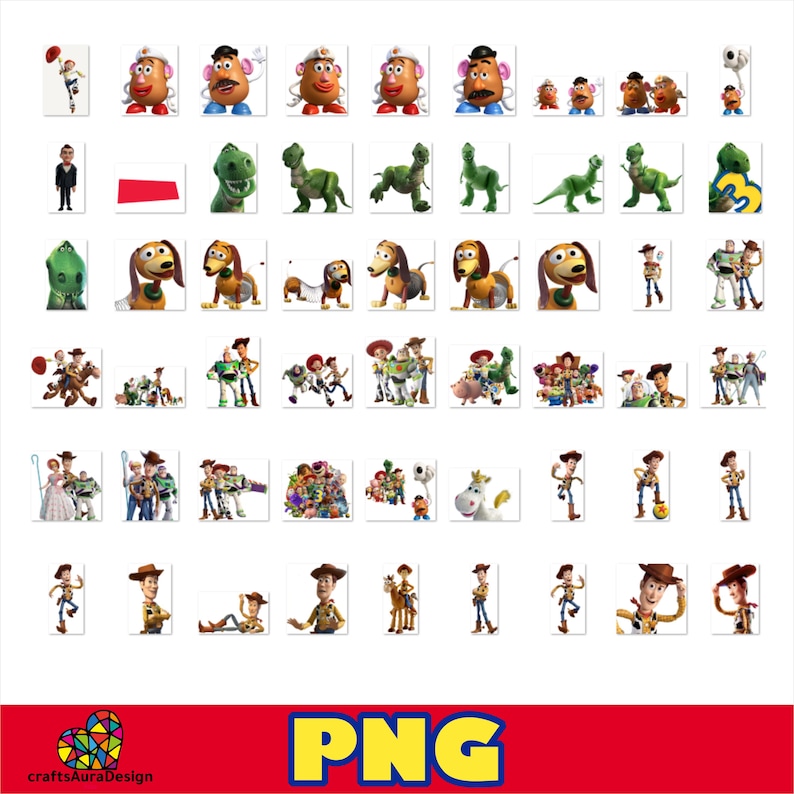 May include: A digital collection of Toy Story character illustrations featuring Woody, Buzz Lightyear, Rex, Slinky Dog, and Mr. Potato Head in various poses. The bottom banner displays the text PNG and the logo for craftsAuraDesign.