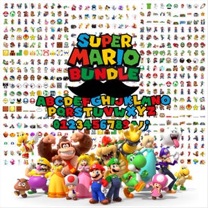 May include: A digital collection featuring the text SUPER MARIO BUNDLE, an alphabet, and numbers, surrounded by numerous small character icons and a large central group of Mario characters including Mario, Luigi, Peach, Bowser, and Donkey Kong.