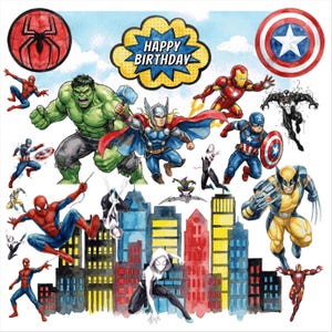 Może przedstawiać: Kolorowa ilustracja przedstawiająca różnych superbohaterów Marvela, w tym Spider-Mana, Hulka, Thora i Kapitana Amerykę, z tłem miejskim i banerem "Happy Birthday". Grafika jest żywa i szczegółowa, idealna na urodziny.