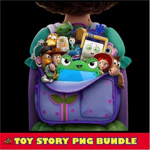 May include: A purple backpack filled with various animated character figures including a green frog-shaped tablet, a cowboy, a space ranger, a potato-shaped figure, a cowgirl, a dinosaur, and other colorful toys, with the text TOY STORY PNG BUNDLE below.