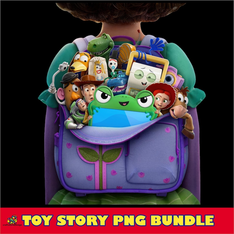 May include: A purple backpack filled with various animated character figures including a green frog-shaped tablet, a cowboy, a space ranger, a potato-shaped figure, a cowgirl, a dinosaur, and other colorful toys, with the text TOY STORY PNG BUNDLE below.