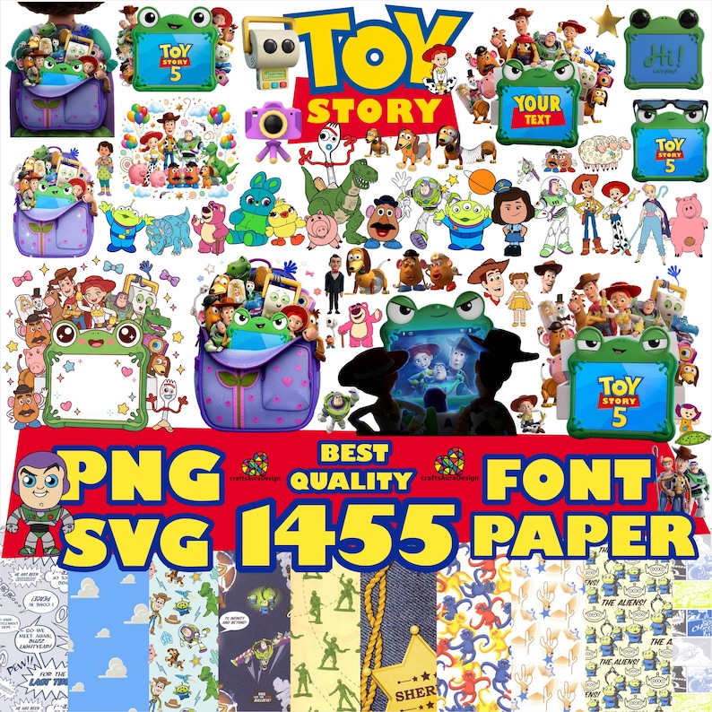 May include: A digital collection of Toy Story character illustrations, including Woody, Buzz Lightyear, and various aliens, alongside purple backpacks, green frog-shaped frames with text, and patterned digital papers featuring movie-themed motifs.