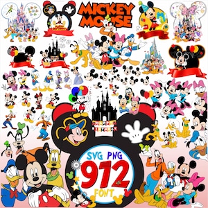 Puede incluir: Una colección digital de ilustraciones de los personajes de Mickey Mouse y sus amigos, incluyendo a Mickey, Minnie, Donald, Daisy y Goofy. Las imágenes muestran castillos, globos, pancartas de cumpleaños y el texto SVG PNG 912 FONT.