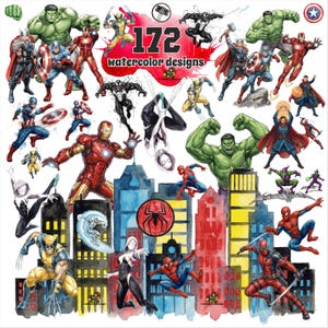 以下が含まれることがあります： 様々なスーパーヒーローを描いた172の水彩デザインのコレクション。スパイダーマン、アイアンマン、キャプテン・アメリカ、ハルク、ウルヴァリンなどのキャラクターが、都市景観を背景に描かれています。デザインは鮮やかでカラフルです。