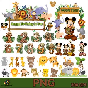 May include: A collection of colorful cartoon animal graphics, including lions, giraffes, elephants, and monkeys. The image also features numbers with safari hats and the text "Happy Birthday to You" and "Pour Text".