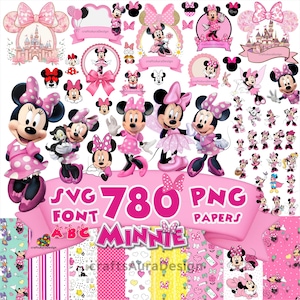 May include: A digital collection of Minnie Mouse graphics featuring various poses, pink polka dot dresses, bows, and castle illustrations. The image includes a large pink banner with the text SVG 780 PNG FONT PAPERS MINNIE A B C.