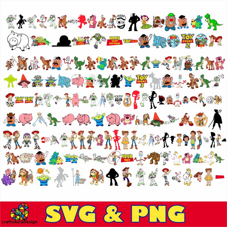 May include: A digital collection of various colorful cartoon character illustrations, silhouettes, and text graphics featuring space rangers, cowboys, pigs, aliens, and dinosaurs, with the text SVG & PNG at the bottom of the image.