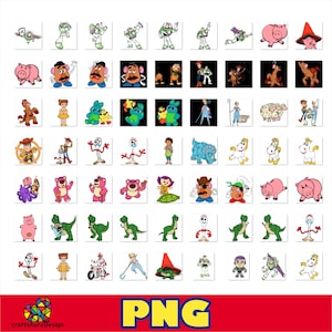 May include: A collection of digital illustrations featuring various animated characters from the Toy Story franchise, including Buzz Lightyear, Woody, Mr. Potato Head, Rex, and Forky, arranged in a grid pattern with the text PNG at the bottom.