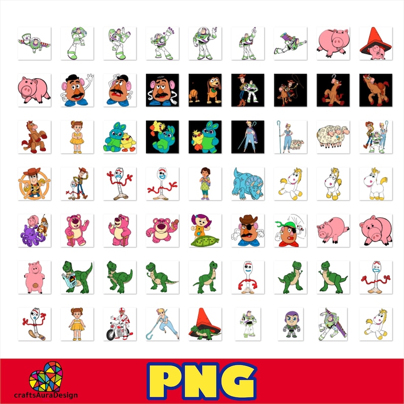 May include: A collection of digital illustrations featuring various animated characters from the Toy Story franchise, including Buzz Lightyear, Woody, Mr. Potato Head, Rex, and Forky, arranged in a grid pattern with the text PNG at the bottom.
