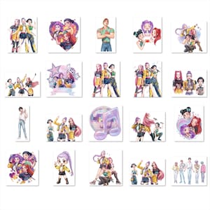 May include: A collection of watercolor illustrations featuring various characters and groups. The images showcase people in stylish outfits, some with musical notes and disco balls. The color palette includes yellow, purple, and pink.