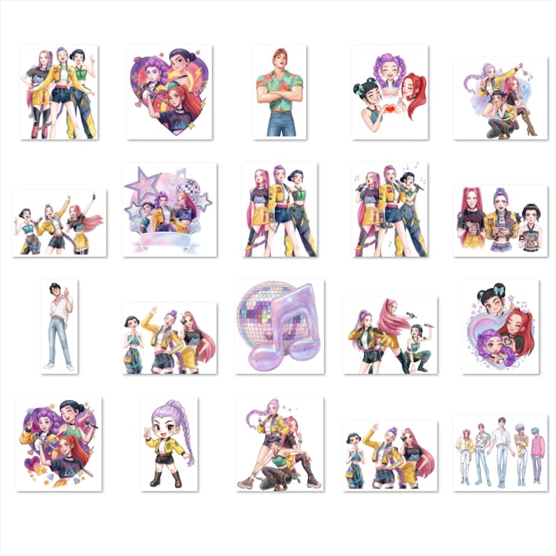 May include: A collection of watercolor illustrations featuring various characters and groups. The images showcase people in stylish outfits, some with musical notes and disco balls. The color palette includes yellow, purple, and pink.