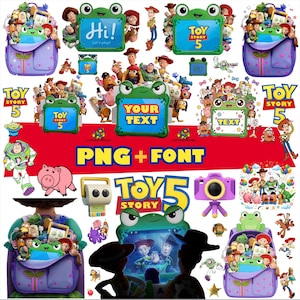 May include: A digital collection of Toy Story 5 themed graphics featuring characters like Woody, Buzz Lightyear, and a green frog-shaped frame. The set includes purple backpacks filled with toys, text elements, and a camera icon on a white background.