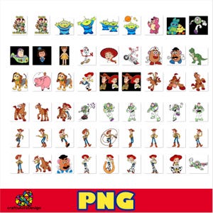 May include: A digital collection of Toy Story character illustrations featuring Woody, Buzz Lightyear, Jessie, Rex, Hamm, Slinky Dog, Mr. Potato Head, and the Aliens. The images are arranged in a grid format, showcasing various poses and scenes.
