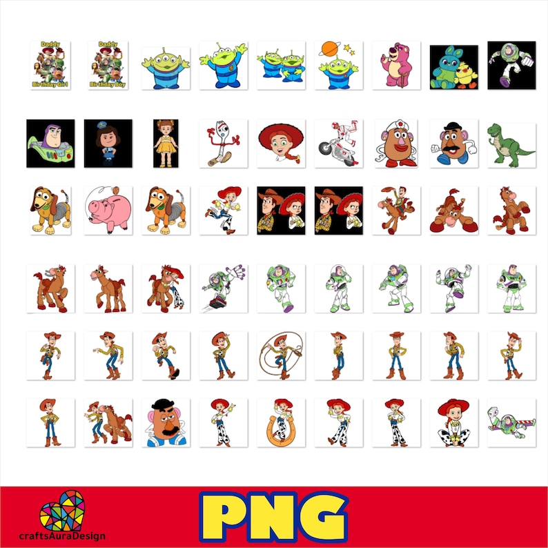 May include: A digital collection of Toy Story character illustrations featuring Woody, Buzz Lightyear, Jessie, Rex, Hamm, Slinky Dog, Mr. Potato Head, and the Aliens. The images are arranged in a grid format, showcasing various poses and scenes.