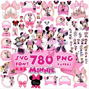 Peut inclure: Une collection d'éléments graphiques numériques représentant Minnie Mouse dans diverses poses, des nœuds roses, des illustrations de châteaux et des cadres décoratifs. L'image contient le texte SVG, 780, PNG, FONT, A B C et MINNIE.