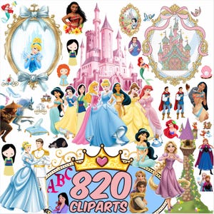 May include: A digital collage featuring Disney princesses, castles, and decorative frames. The image includes the text "820 Cliparts" in a pink and gold design, ideal for digital art projects and crafts.