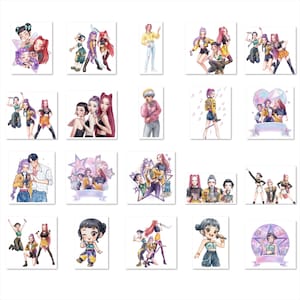 May include: A collection of watercolor illustrations featuring various characters in dynamic poses. The artwork showcases a range of styles, with vibrant colors and detailed depictions of clothing and accessories. The images are on a white background.