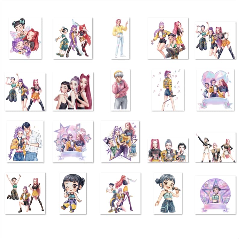 May include: A collection of watercolor illustrations featuring various characters in dynamic poses. The artwork showcases a range of styles, with vibrant colors and detailed depictions of clothing and accessories. The images are on a white background.