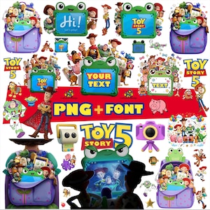 May include: A digital collection of Toy Story 5 themed graphics featuring characters like Woody, Buzz Lightyear, and a green frog-shaped frame. Includes purple backpacks filled with toys, a purple camera, and text elements reading Hi, Toy Story 5, and Your Text.