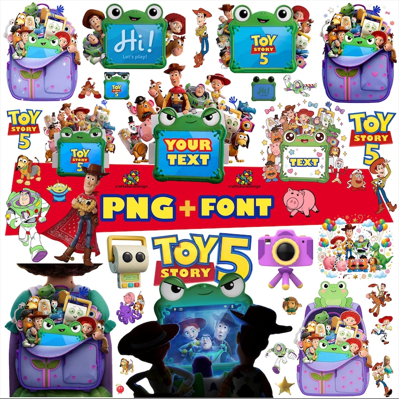 May include: A digital collection of Toy Story 5 themed graphics featuring characters like Woody, Buzz Lightyear, and a green frog-shaped frame. Includes purple backpacks filled with toys, a purple camera, and text elements reading Hi, Toy Story 5, and Your Text.