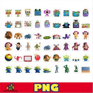 May include: A collection of digital stickers featuring various characters and objects from the Toy Story franchise, including Buzz Lightyear, Woody, Lotso, the Aliens, and other iconic figures, presented in a grid layout on a white background.