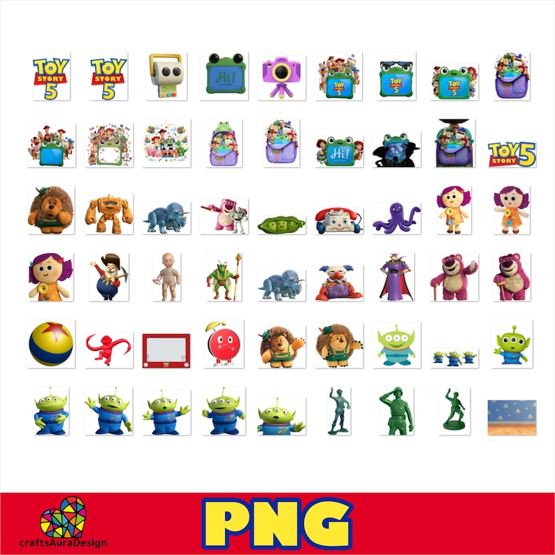 May include: A collection of digital stickers featuring various characters and objects from the Toy Story franchise, including Buzz Lightyear, Woody, Lotso, the Aliens, and other iconic figures, presented in a grid layout on a white background.