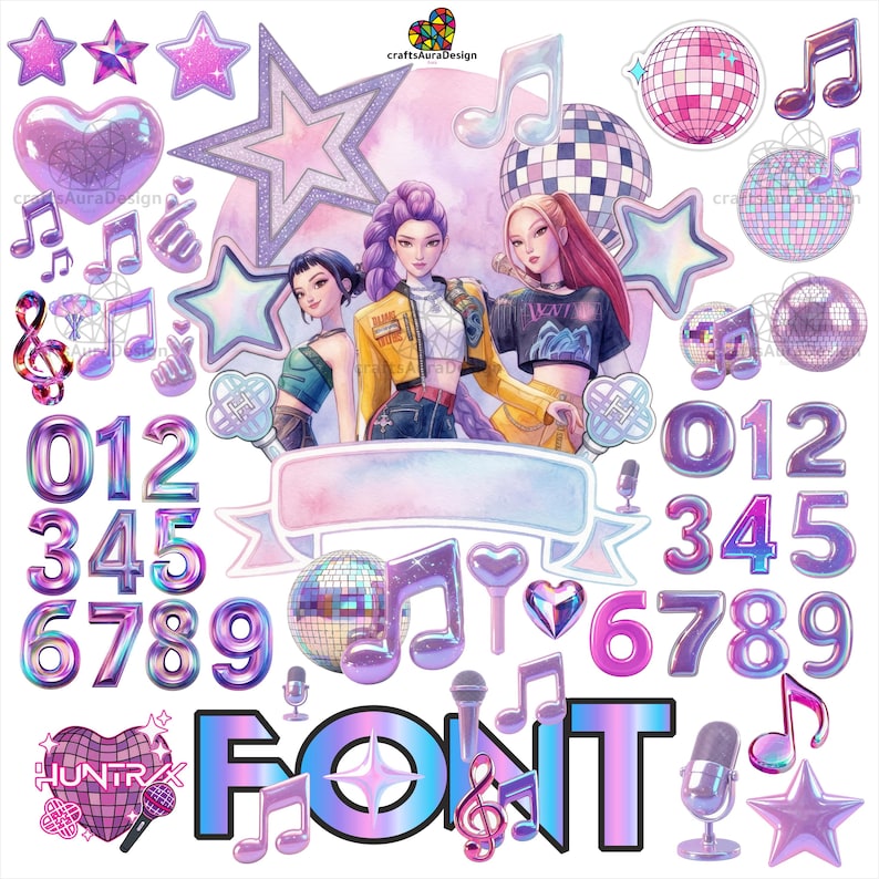 May include: A digital sticker sheet featuring three illustrated characters, disco balls, musical notes, stars, hearts, microphones, and two sets of iridescent numbers from zero to nine. The design includes a blank banner and the word FONT in large letters.