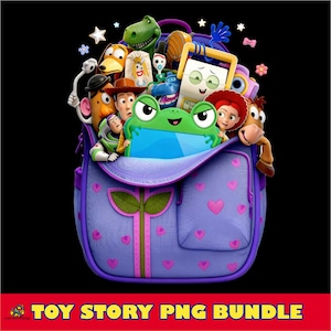 May include: A purple backpack with pink heart patterns filled with various animated toy characters including a green frog tablet, a cowboy, a space ranger, a cowgirl, and a potato figure. The text TOY STORY PNG BUNDLE appears at the bottom.