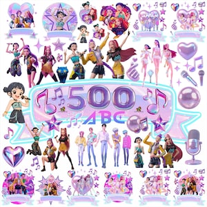May include: A collection of colorful stickers and graphics featuring cartoon figures, musical notes, stars, hearts, and microphones. The text "500 ABC" is prominently displayed. The overall design has a vibrant, pop-art aesthetic.