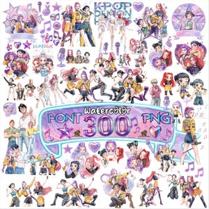 Può includere: Una collezione di grafiche PNG ad acquerello con idoli K-Pop in varie pose. Le immagini includono note musicali, stelle, microfoni e il testo "Watercolor Font 300 PNG". La tavolozza dei colori è prevalentemente viola, giallo e rosa.