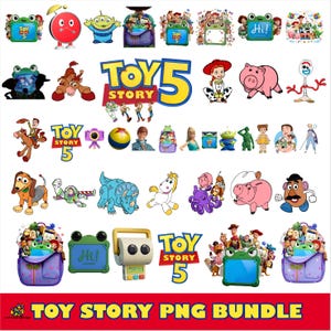 May include: A digital collection of Toy Story 5 themed graphic illustrations featuring various characters like Woody, Buzz Lightyear, Jessie, and Rex, alongside logos, backpacks, and frames. The images are colorful, cartoon-style, and include text.