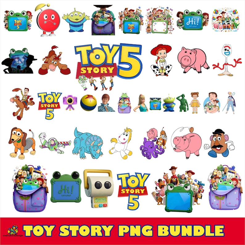 May include: A digital collection of Toy Story 5 themed graphic illustrations featuring various characters like Woody, Buzz Lightyear, Jessie, and Rex, alongside logos, backpacks, and frames. The images are colorful, cartoon-style, and include text.