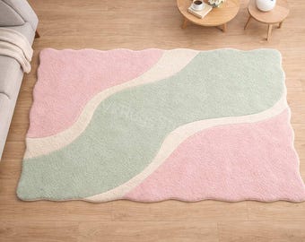 Pastel Abstract Tufted Rug, Pink Green Scalloped Plush Carpet