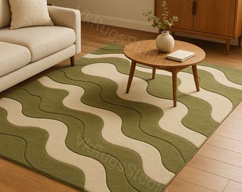 Modern Wavy Tufted Rug, Green & Beige Abstract Area Rug, Handmade Wool Carpet for Living Room, Minimal Home Decor