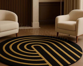 Tapete redondo tufado moderno em preto e dourado – Tapete geométrico de luxo para decoração de sala de estar