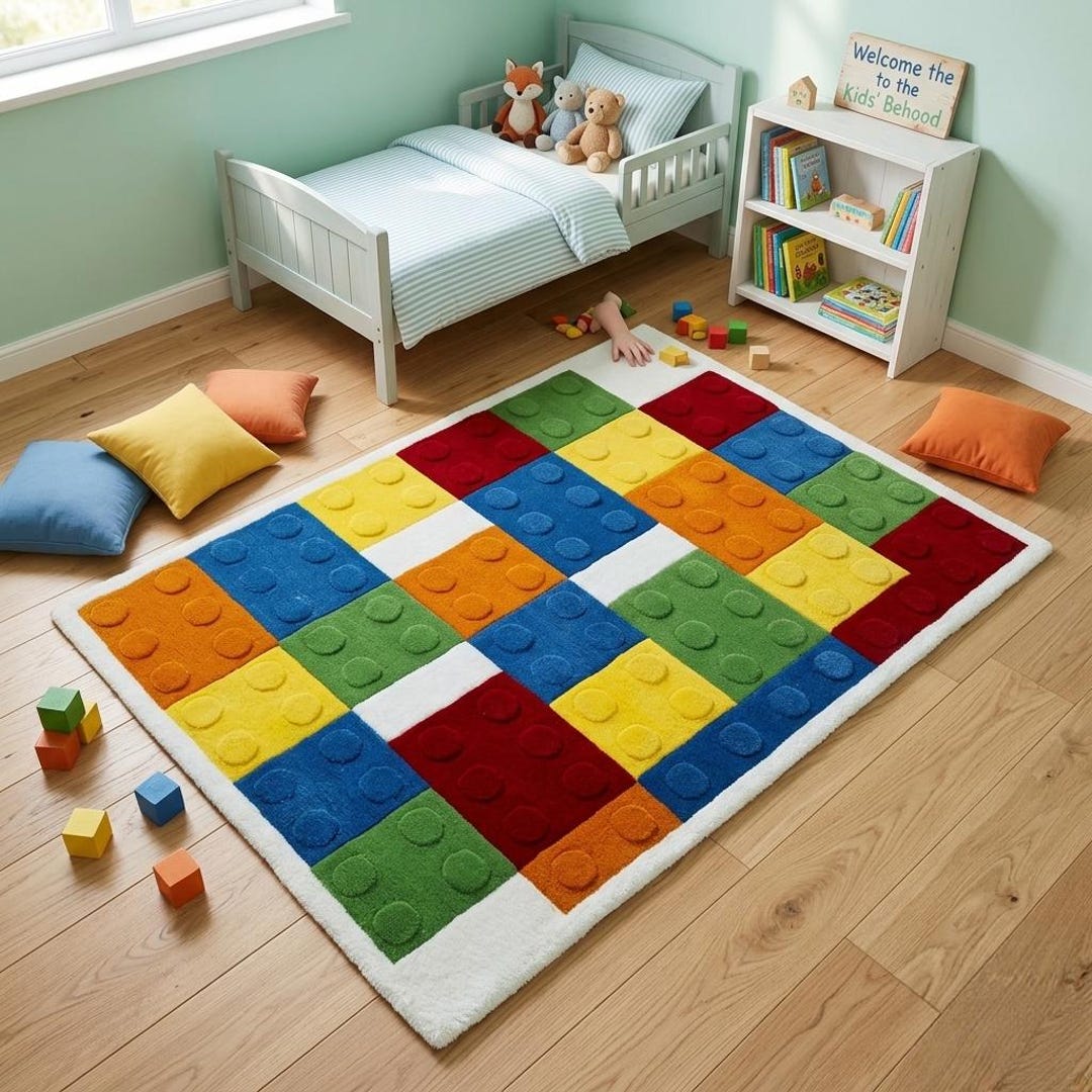 Building Play Room Rug Kids Building Blocks Tufted Rug, Colorful Playroom Carpet, Wool Area ...