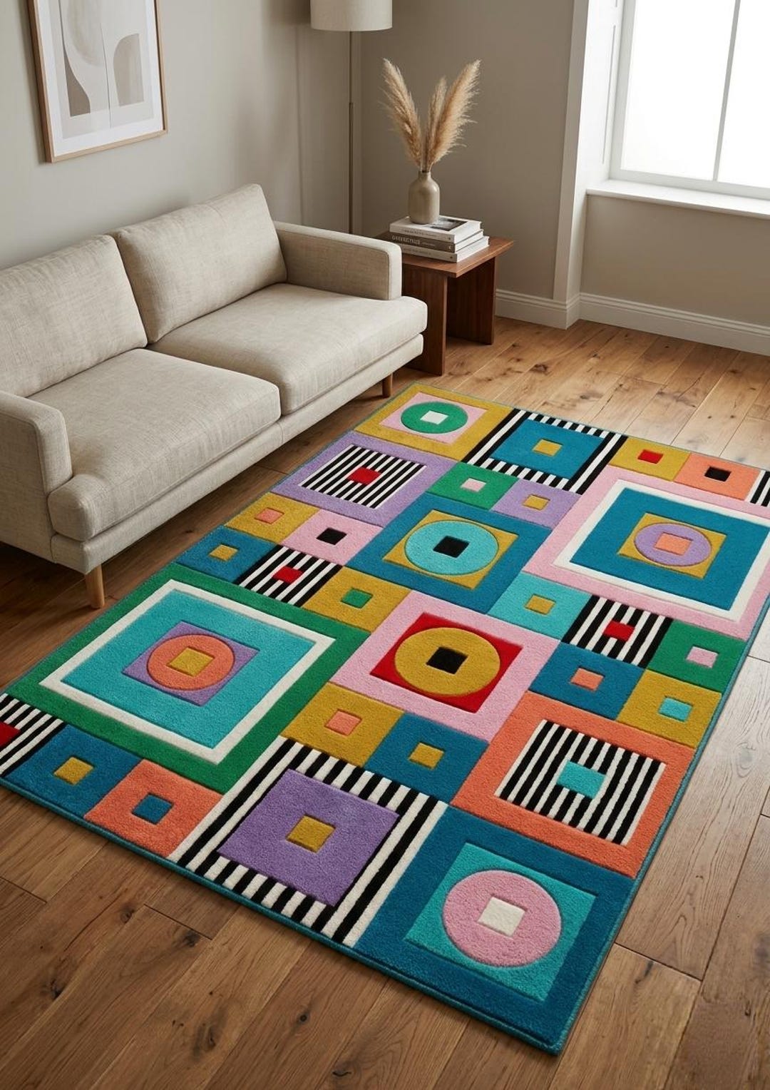 Colorful Geometric Tufted Rug – Modern Abstract Square Pattern Wool ...
