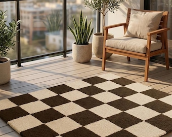 Handmade Checkered Rug, Brown Cream Checkerboard Area Rug, Modern Tufted Wool Carpet, Neutral Geometric Rug, Cozy Living Room Bedroom Decor