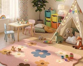 Handmade Floral Tufted Rug, Pastel Pink Scalloped Carpet, Cozy Nursery Decor