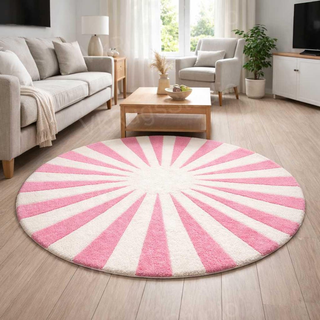 Round Pink Rug Next Round Pink Tufted Rug | Sunburst Pattern Area Rug | Modern Living Room ...